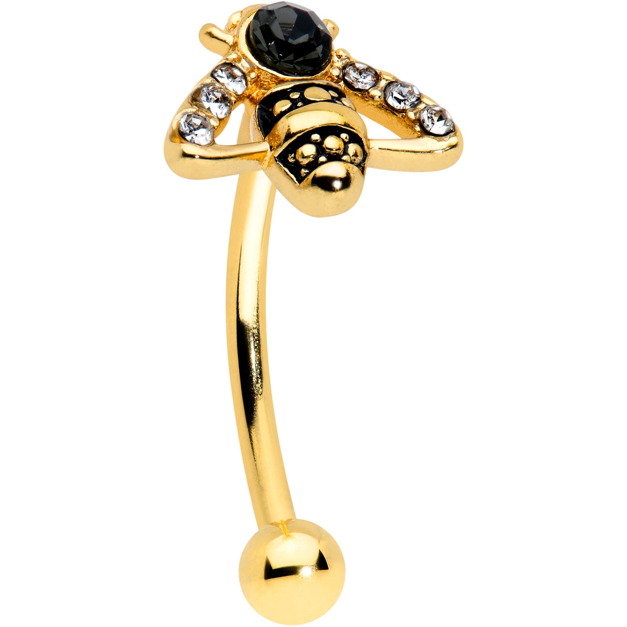 16G 5/16 Clear Black Gem Gold Hue Angular Bee Curved Eyebrow Ring