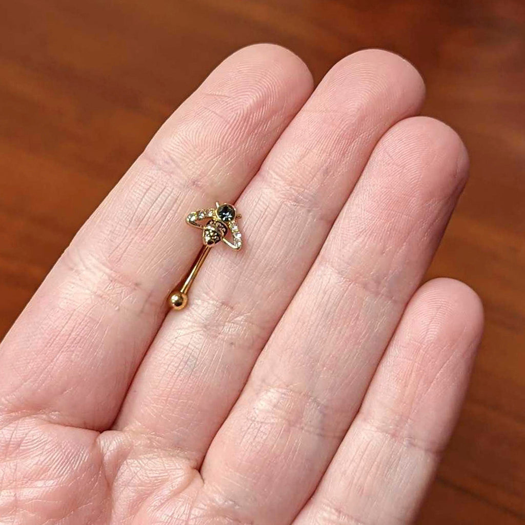 16G 5/16 Clear Black Gem Gold Hue Angular Bee Curved Eyebrow Ring
