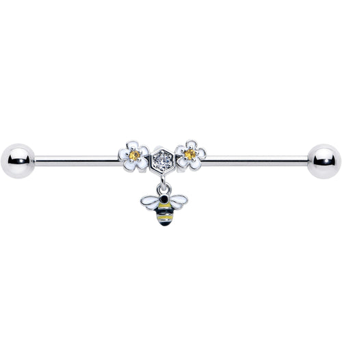 14G Yellow CZ Gem Flower Bee Dangle Industrial Barbell 38mm
