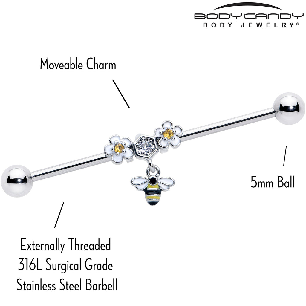 14G Yellow CZ Gem Flower Bee Dangle Industrial Barbell 38mm