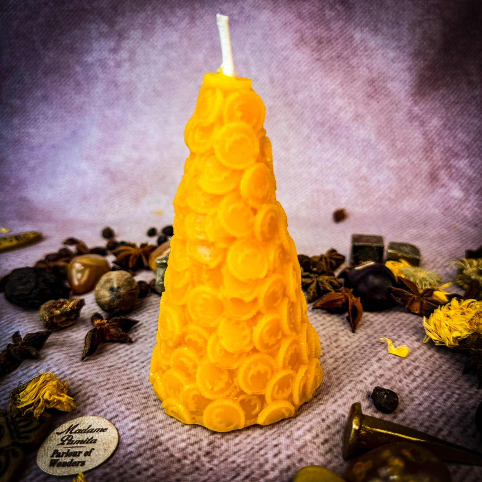 Beeswax Cone of Coins Spell Candle