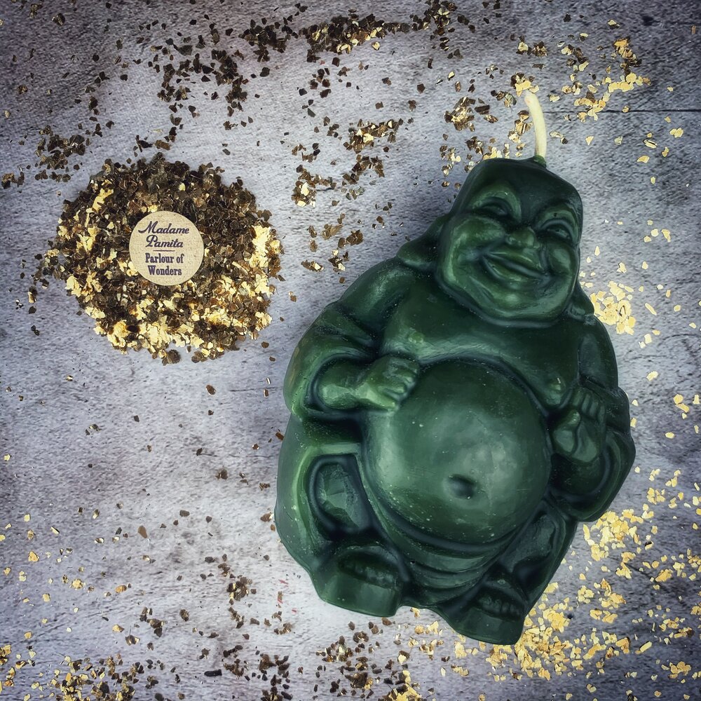 Beeswax Laughing Buddha Spell Candle - Wealth, Luck & Prosperity Magic