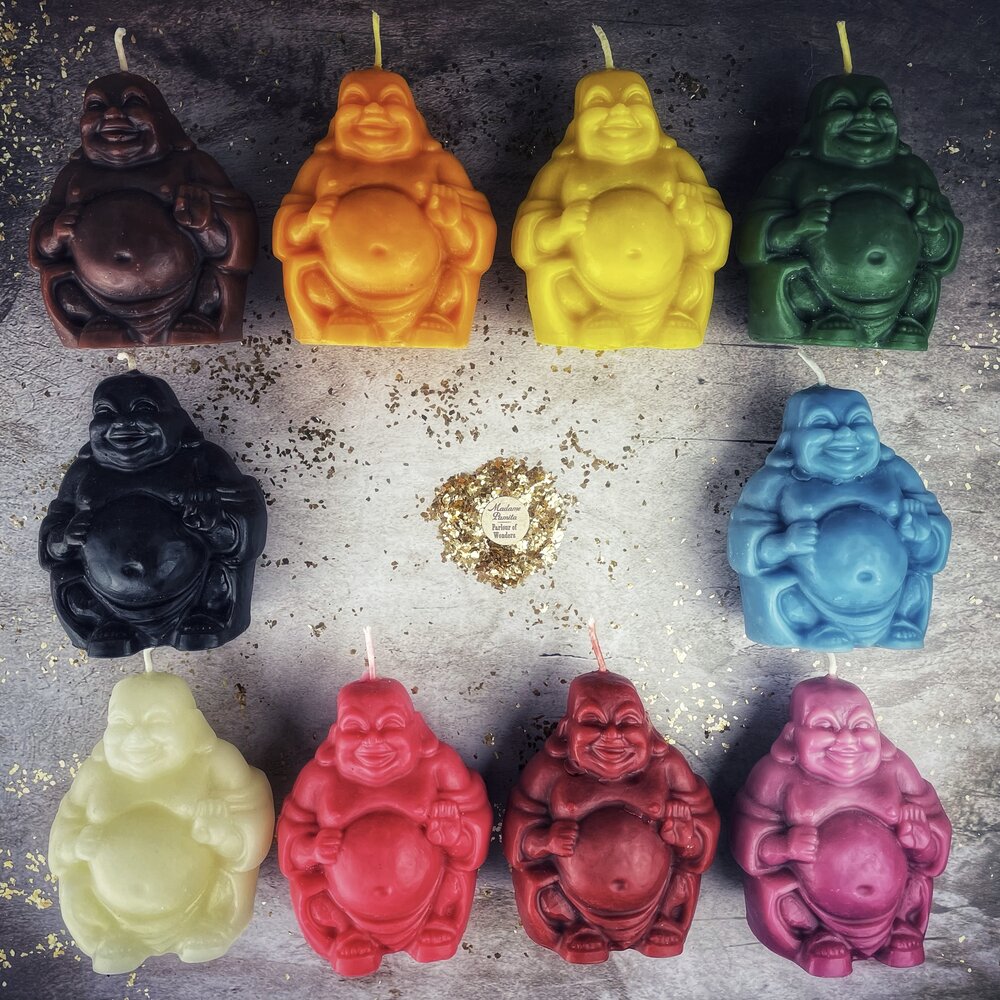 Beeswax Laughing Buddha Spell Candle - Wealth, Luck & Prosperity Magic