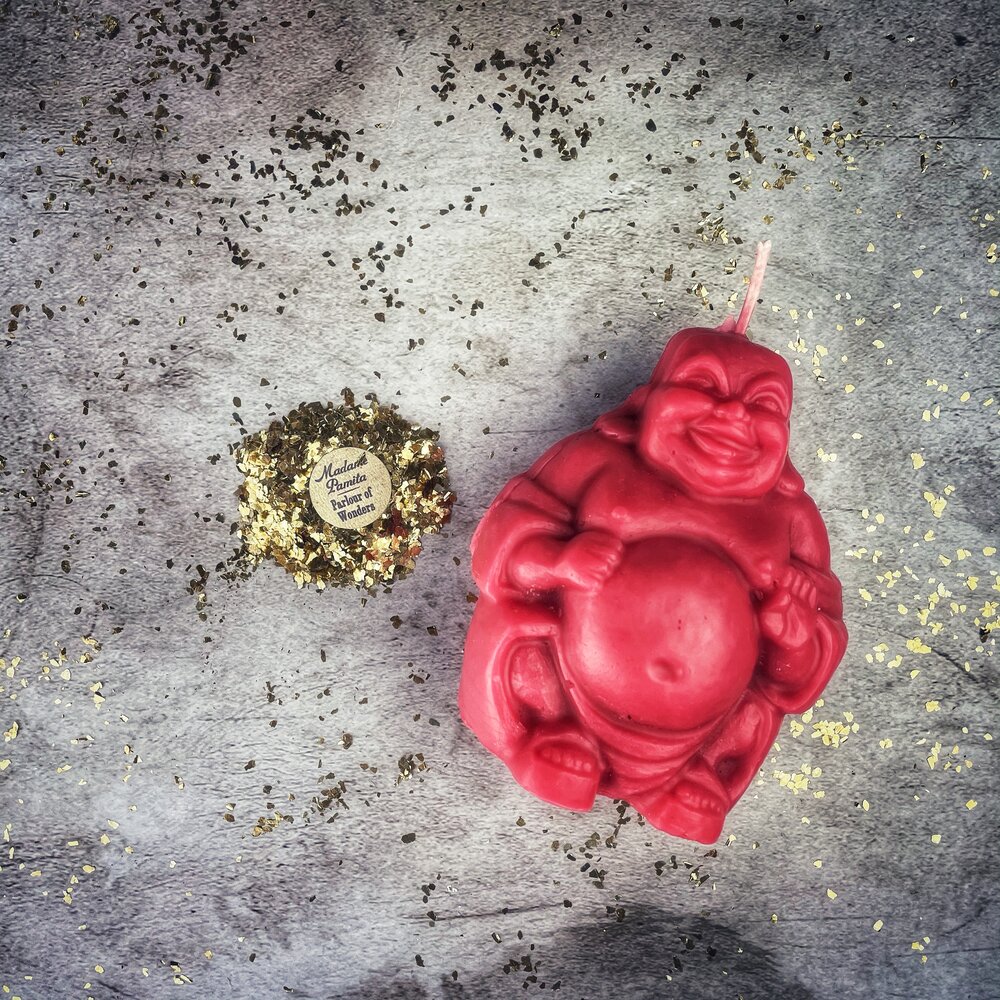 Beeswax Laughing Buddha Spell Candle - Wealth, Luck & Prosperity Magic