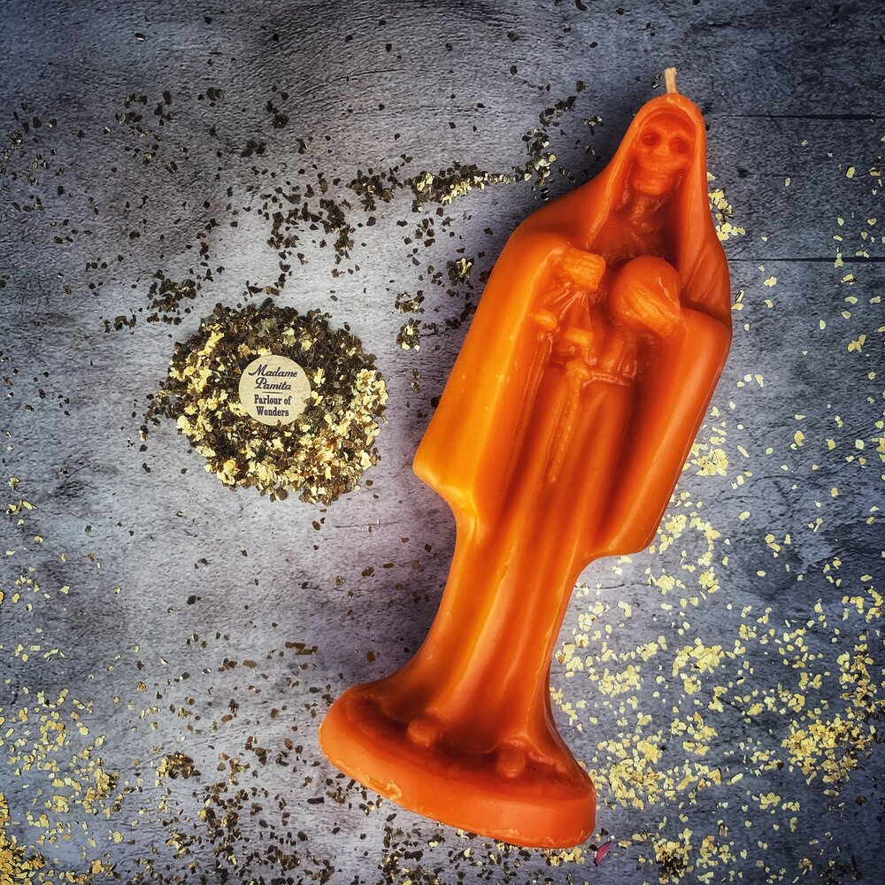 Beeswax Santa Muerte Spell Candle - Sacred Folk Saint Devotion & Protection Magic