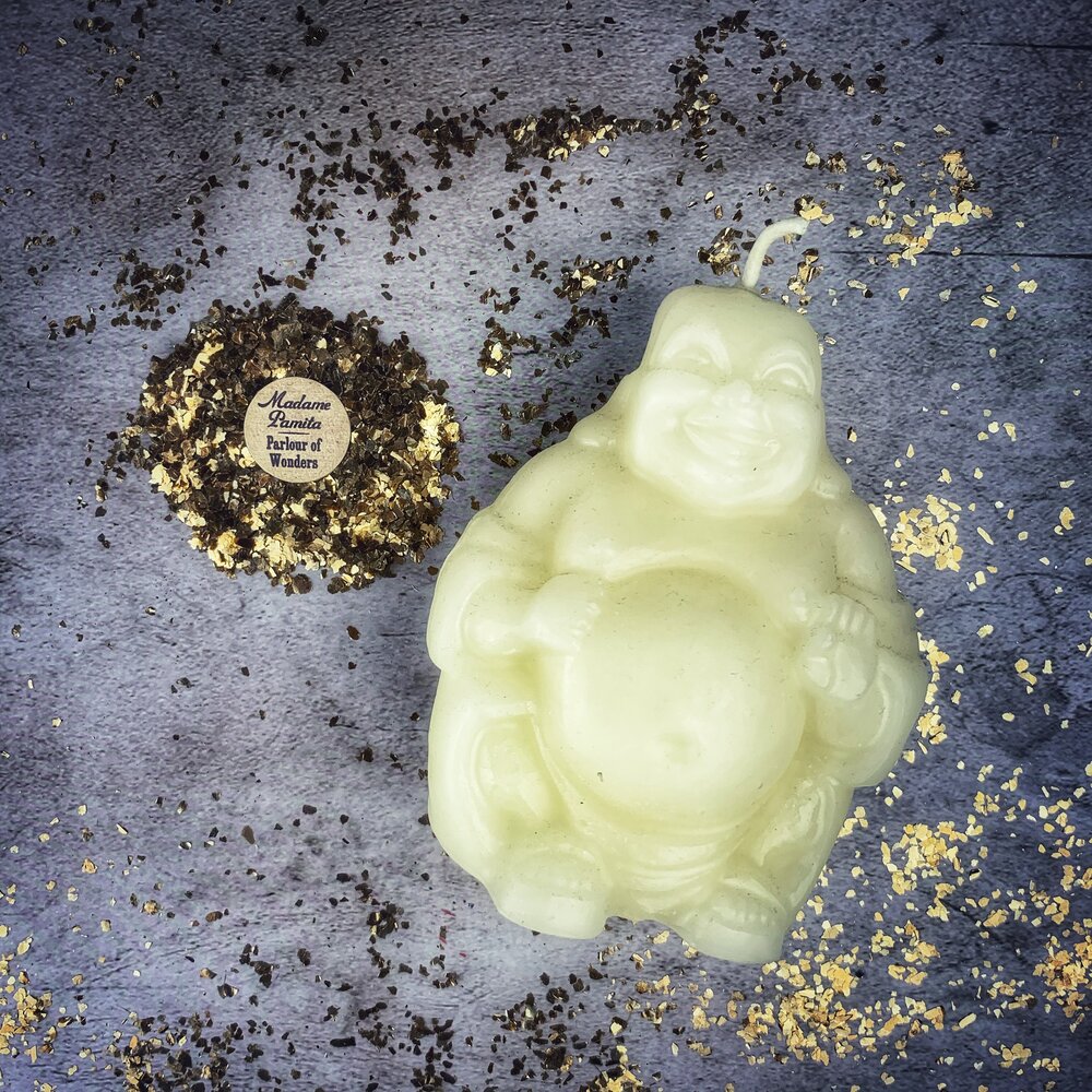 Beeswax Laughing Buddha Spell Candle - Wealth, Luck & Prosperity Magic