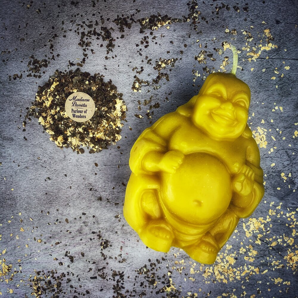 Beeswax Laughing Buddha Spell Candle - Wealth, Luck & Prosperity Magic